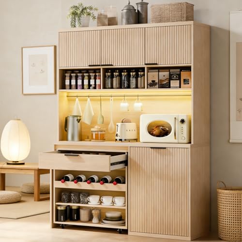 Image of 71 inch Pantry Cabinet,Tall Kitchen Pantry Storage Cabinet with Charging Station and LED Light,Fluted Freestanding Food Storage Cabinet,Farmhouse Kitchen Hutch with Storage Drawers for Living Dining Room