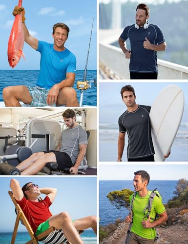 Image of Roadbox Men's Short Sleeve Swim Shirt, UPF 50+ Quick Dry Rash Guard, UV Sun Protection Water T-Shirt for Beach and Surfing