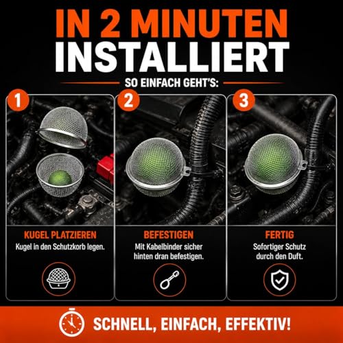 Marderschreck Auto – 6 Stück Marderkugeln inkl. 3 Schutzkorb Halterungen | Sichere Befestigung im Motorraum… – Ansicht 4