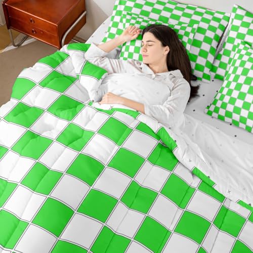 Image of Erosebridal Checkered Full Bedding Set Lime Green Grid Plaid Comforter Set with Sheets 7 Piece Geometric Gingham Bed in A Bag for Kids Boys Teen Men Bedroom-Soft Lightweight for All Season