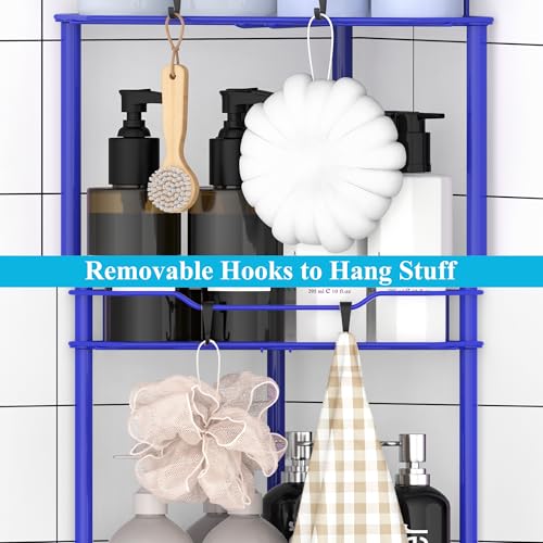 Image of HuggieGems Metal Floor Standing Corner Shower Caddy, Dark Blue, 4 Tier | Adhesive Bathroom Organizer Shelves, Free Standing Shower Rack with Hooks, Hold Large Shampoo Bottles