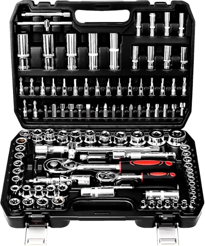 TLGREEN 108-teilig Steckschlüsselsatz Cr-V Steckschlüssel Set Ratschenkasten Knarrenkasten mit 1/4' und 1/2' 72 Zähne Umschaltknarre Sechskant Steckschlüsseleinsatz für Auto Motorrad Fahrrad Heim