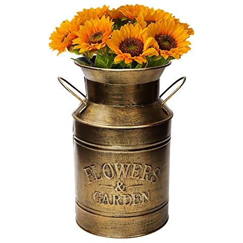 Fovasen Large Antique Gold Galvanized Milk Can Vintage Country Style Farmhouse Vase Primitive Flower Holder for Home Office Wedding Decor,8.5" Cover