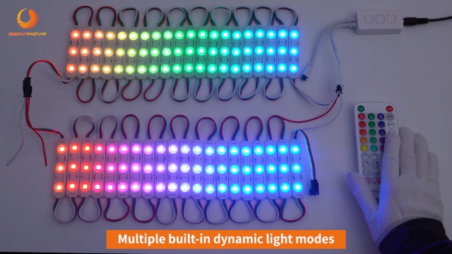 Image of BEAMNOVA 30Ft Stip Lights Kit, 60pcs RGB LED Modules, Remote, Bluetooth App Control, DC 12V Voltage Transformer, Adhesive Waterproof Commercial Storefront Lights, Small Lens