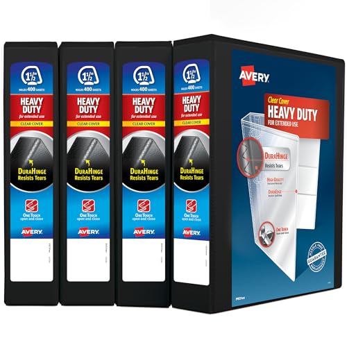 Image of Avery Heavy Duty View 3 Ring Binder, 1.5 inchOne Touch Slant Ring, Holds 8.5 inch x 11 inch Paper, 4 Black Binders (79870)