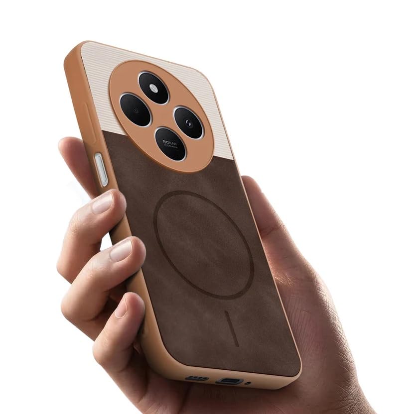 Image of Bintage CASE Mac Safe Design Hard Light Weight Back Case | Soft Border Camera Protect | Dual PU Leather Finish Back Cover Compatible for Mi Redmi A4 5G - White & Cherry Brown