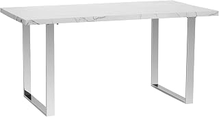 HOMCOM 160 cm Rectangular Dining Table for 6-8 People, Modern Kitchen Table with Marble Effect Tabletop, Steel Legs, for Living Room, Home Office, White