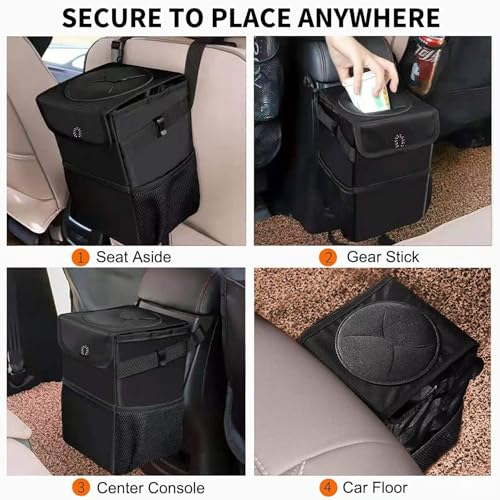 Image of LUO&GEFIK Car Trash Can with Steel Bars & Leak-Proof Lining - Foldable 2 Gal Vehicle Garbage Bin, Adjustable Strap for SUV /Truck, Storage Pockets for Car Organizing (Black).