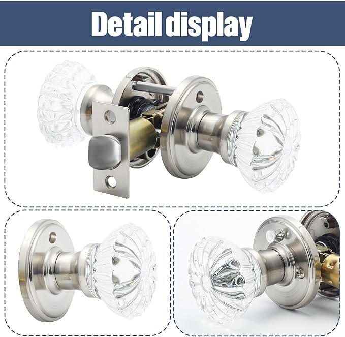 Detailed view of Cielsa Dawn glass door knob components including the crystal knob, satin nickel rosette, and latch mechanism.