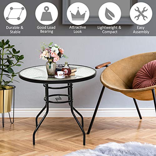 Kotek 32'' Patio Table With Umbrella Hole, Outdoor Bistro Table W/Tempered Glass Top & Sturdy Metal Frame, Round Patio Dining Table Coffee Table For Garden, Balcony, Poolside #TOP6
