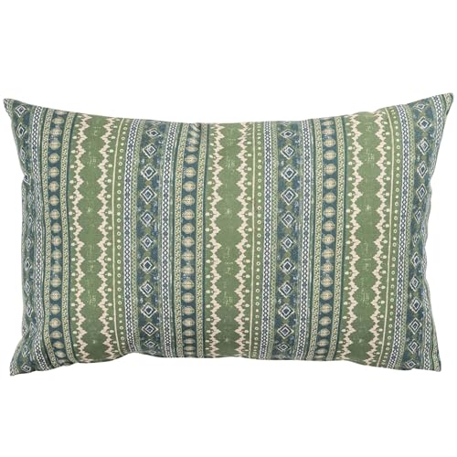 Image of Linen Loft Aztec Trail XL Rectangular Cushion Cover in Indigo Blue and Green. Rustic Striped Geometric Design, Boho Theme. 23x15 XL Rectangular Cover Only