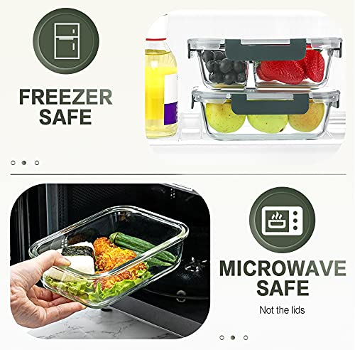 KOMUEE Set 5 Contenitori In Vetro Per Pasti Da 850 Ml Con 2 Scomparti – Coperchi Ermetici – Adatti A Microonde E Forno