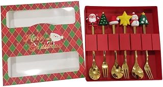 6 Pieces Christmas Spoons Forks Set Flatware Cutlery Set Tea Spoons with Gift Box Xmas Cutlery Kits for Daily Use Gift Xmas, Style B