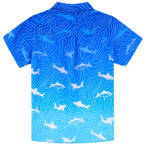 Image of uideazone Size 9-10 Boys Shark Shirts Kids Short Sleeve Button Down Shirt Gradient Blue Shark Print Blouse Beach Style Summer Wear Tops for Dailywear Camping Hiking Climbing Beach Volleyball