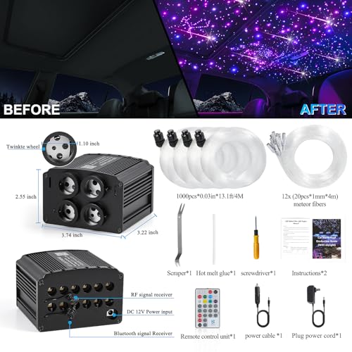 Image of Car Starlight Headliner Kit, 4 Colors 32W Twinkle & Meteor Fiber Optic Ceiling Lights, 2 in 1 Light Engine 1000pcs*0.03in*13.1ft+240 RGBW Shooting Stars Lights for Car Roof Decor