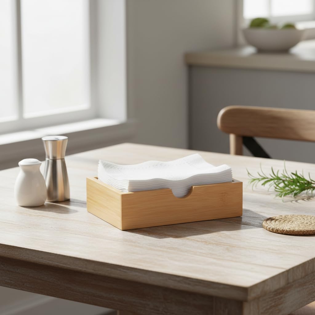 Deconox Doğal Bambu Peçetelik ve Çok Amaçlı Organizer Kutu - 18.5x12.5x5 cm Masaüstü ve Banyo Düzenleyici Ahşap Stand