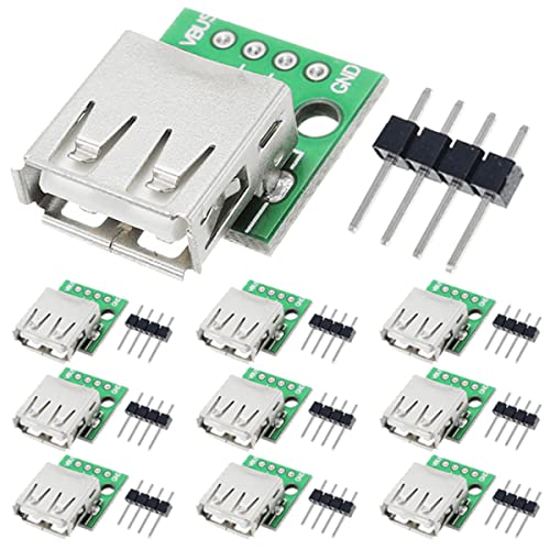 DAOKAI 10 Pcs USB Type A Female to DIP Adapter 2.54mm 4 Pin USB 2.0 Type A Socket to DIP Converter Breakout Board for DIY Power Supply with 40 Pin Header