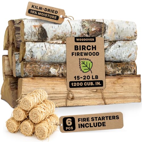 WOODOVER 15 Birch Firewood Logs with Fire Starters Set 1200 cub. in 1520 lb | Kiln-Dried & Seasoned Hardwood for Fire Pit Fireplace | Bright Flames & Pleasant Aroma for Cozy Atmosphere