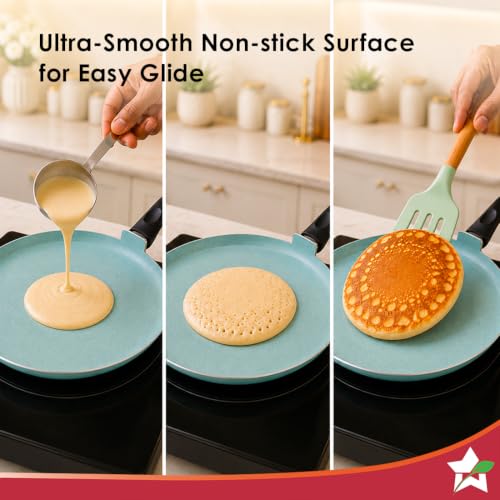 Image of Wonderchef Vitalife Non-Stick Dosa Tawa for Kitchen, 28cm, Non-Toxic Coating, PFOA-Free, Cool-Touch Handles, Scratch-Resistant, Gas & Induction Compatible, 2-Yr Warranty, Teal Green