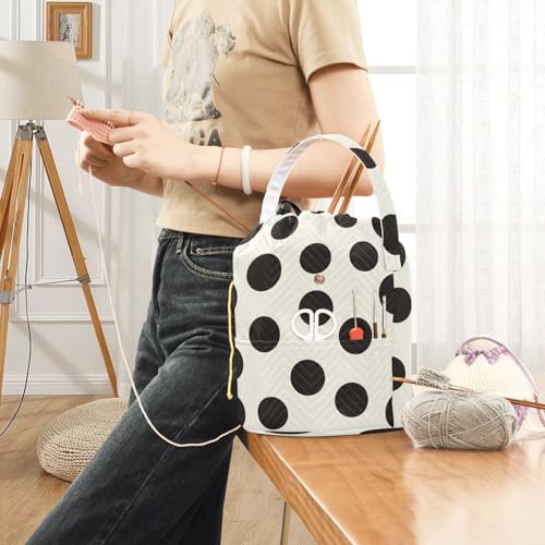 Image of Tatenale Crochet Bag Yarn Bag Knitting Project Bag with Pockets and Handle Portable Yarn Storage Organizer Tangle Free 8.3x11 Inch Black and White Polka Dots