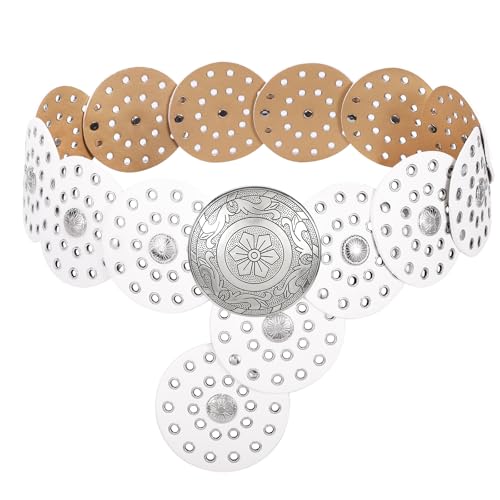 Image of WERFORU Women Wide Western Disc Belt Cowgirl Boho Leather Belt for Jeans Dress