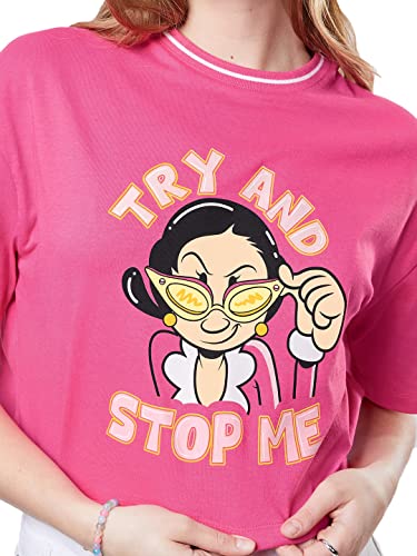 Image of The Souled Store|Official Popeye: Try and Stop Me Women and Girls T-Shirts|Half Sleeve|Loose Fit Graphic Printed|Round Neck 100% Cotton Pink Women Oversized Crop Tops