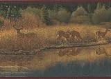 Deer Drinking Water from Forest River Vintage Wallpaper Border Retro Design, Roll 15' x 8'