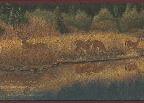 Deer Drinking Water From Forest River Vintage Wallpaper Border Retro Design, Roll 15' X 8" #TOP26
