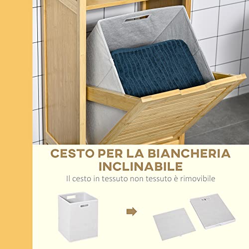 kleankin Mobiletto Bagno con Cesto Multifunzione per Bucato e Giocattoli, in MDF e Bambù, 40x30x86.5cm, Color Naturale