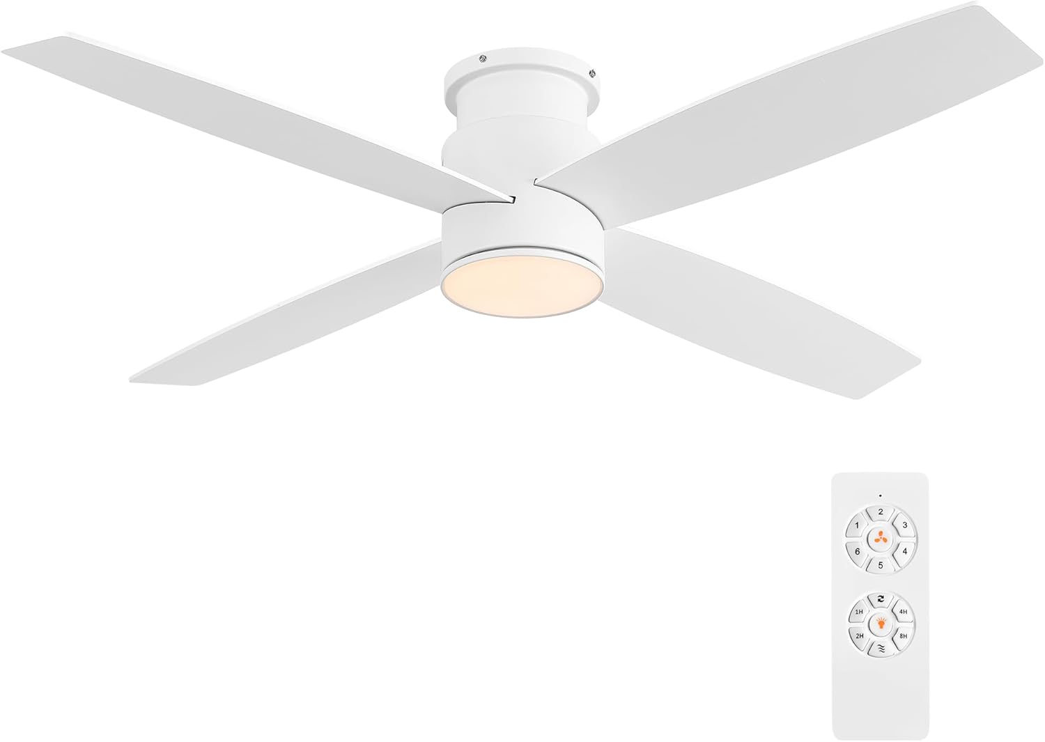 WINGBO 52 Inch Flush Mount DC Ceiling Fan with Lights and Remote, 4 Reversible Blades, Ultra Quiet 6-Speed DC Motor, Hugger Low Profile Indoor Ceiling Fan, White Finish