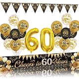 Decoración para 60 cumpleaños hombre mujer – 22 piezas negro oro cheers to 60 años fondo Banner triángulo banderas número 60 globos de papel de aluminio para hombres mujeres 60 años fiesta de