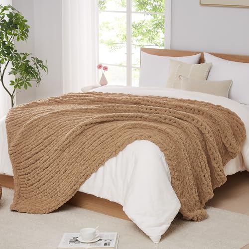 Image of L'AGRATY Chunky Knit Throw Blanket for Couch, 80'' x 90'' Knit Throw, Tan