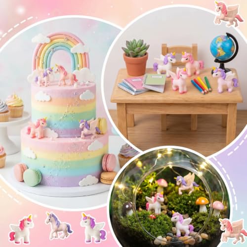 Image of Chunful 48 Pcs Mini Unicorn Figurine Cake Toppers for Birthday Decorations Small Plastic Miniature Flying Horse Figures for Fairy Garden Accessories Moss Landscape Dollhouse DIY Crafts Party Supplies
