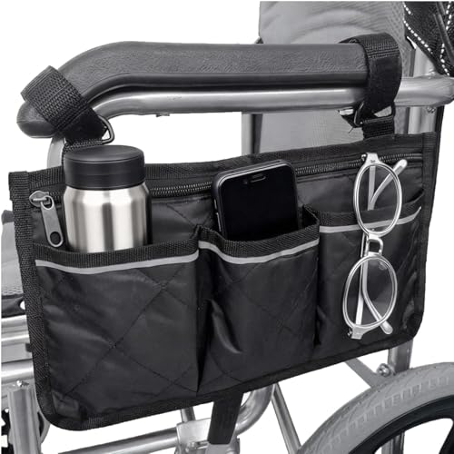 ITODA Wheelchair Side Bag with Reflective Strip, Waterproof Wheelchair Scooter Bag Armrest Storage Pouch Mobility Aid Universal Wheelchair Bag for Wheelchairs, Walkers, Armchairs