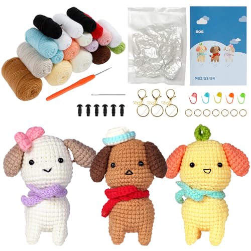 KTZCTPCA Kit de crochê para iniciantes, kit de crochê para iniciantes e crianças, kit de crochê com tutoriais em vídeo passo a passo, kit de cachorro de crochê fofo para iniciantes
