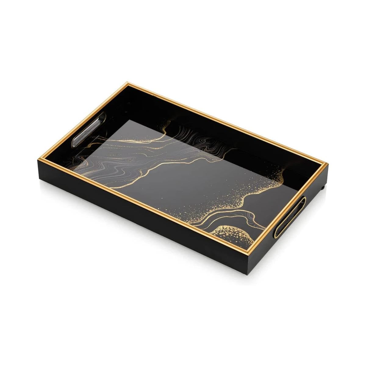 Vassoio di Lusso Nero Oro 45x30 cm – Elegante Piatto da Servizio in Vetro e Plastica – Moderno Vassoio Decorativo con Maniglie – Organizzatore Elegante per Soggiorno, Cucina o Camera da Letto