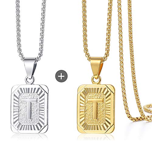 Trendsmax Square Initial Letter T Pendant Necklace Bundle with White Gold Initial Letter Pendant Necklace