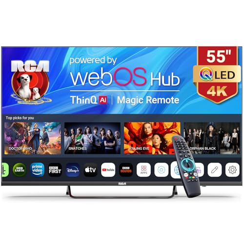 RCA Web OS TV 55-inch QLED 4K UHD Smart TV, MEMC HDR10 ThinQ AI, Voice Magic Remote Dolby Audio