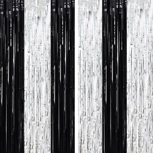 Voircoloria 2 Pack Black and Silver Tinsel Foil Fringe Curtains, Black White Party Decorations, Metallic Tinsel Party Streamers Backdrop for New Years Birthday Christmas Graduation Decorations