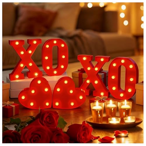 Valentines Day XOXO Letters Decoration - 6Pcs Red Marquee Letter Lights with Heart Sign, LED Light up XOXO Letters for Valentines Day Window Table Home Bedroom Fireplace Indoor Decor, Battery Powered, 8.6''