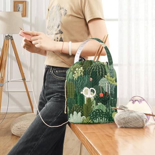 Image of ElliTarr Crochet Bag Yarn Bag with Handle Portable Knitting Project Bag Travel Yarn Storage Organizer Holder Case Green Cacti Plants