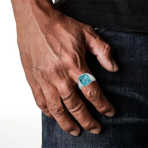 Genuine Turquoise Ring for Men,925 Sterling Silver Vintage Real Black onyx Created Sapphire Gemstone Pinky Thumb Western Ring for Dad Father Husband Simple style Lover, Size 6-144