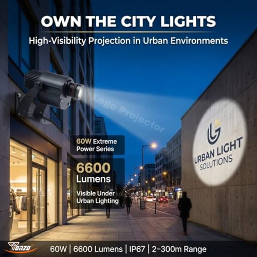 Image of TONZO 60W LED Logo Projector Light, 6600 Lumens, 4-17ft Range, 1 Custom Lens, IP67 Waterproof Outdoor GOBO Projector with Remote, Static & Rotating Advertising Light for Shop Event Business Storefront