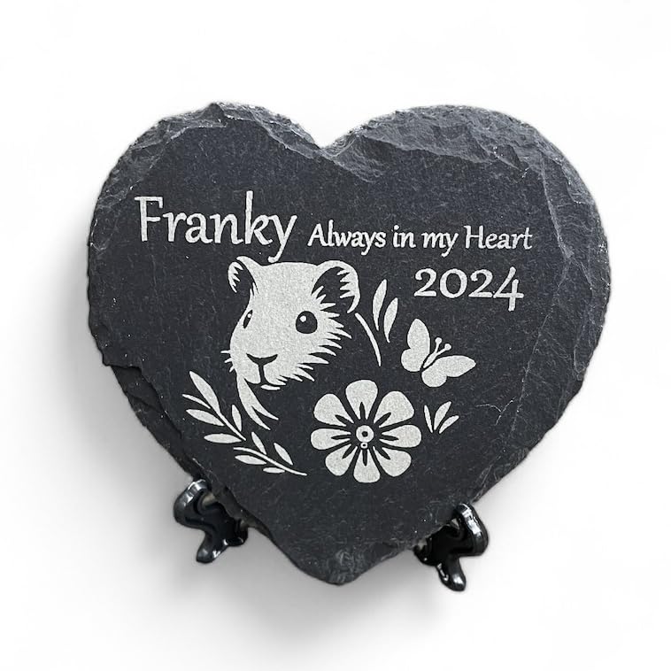 Guinea Pig Memorial Stone – Heart-Shaped 11cm x 11cm Natural Stone Plaque, Handcrafted and Personalized with Name & Dates – Includes Free Stand – A Heartfelt Tribute for Your Beloved Pet