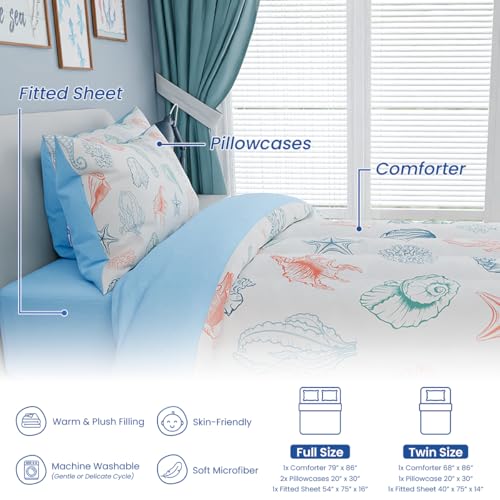 Image of Kids Bedding Set for Girls Boys, Ultra Soft Microfiber Comforter Set Full Size with 4-Pieces, Seashell Ocean Comforters Bed Sets for Kid Children Teen Tween Bedroom Decor