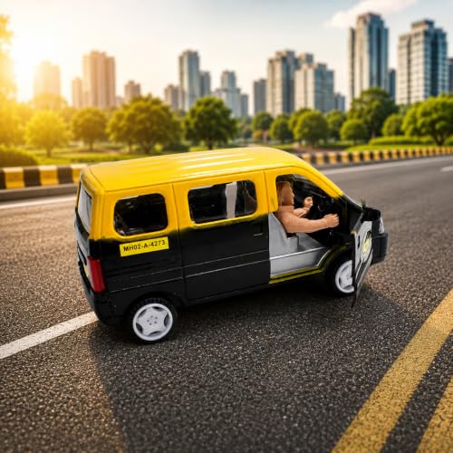 Image of Friction Powered Van Taxi Toy for Kids Boys Girls | Pull Back Mini Van Vehicle Toy with Driver & Openable Doors | Dual Color Play Set Age 4+ | BIS Certified | NeoKiddo (Black and Yellow)