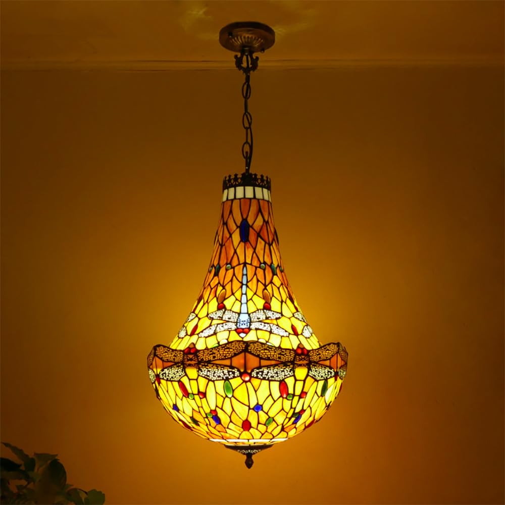 SXECAEPS American Retro Color Glass Pendant Lamp LED European Luxury Creative Living Room Restaurant Bedroom Cafe Bar Villa Hotel Corridor Chandelier (F D40CM)