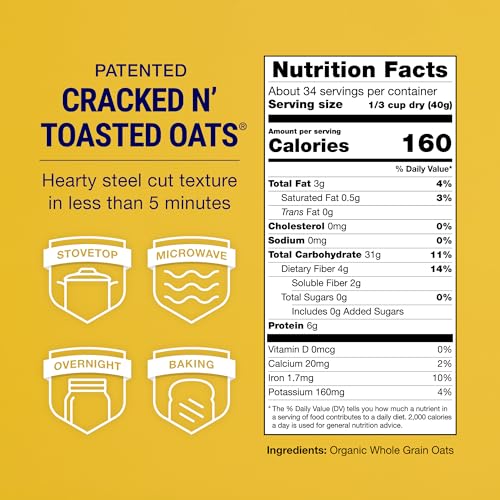 COACH'S OATS Organic Whole Grain Oatmeal 3 lbs | Cracked n’ Toasted | Quick-Cooking, Steel Cut Texture | Heart-Healthy, Delicious Breakfast | Microwavable, Stovetop, Overnight Oatmeal