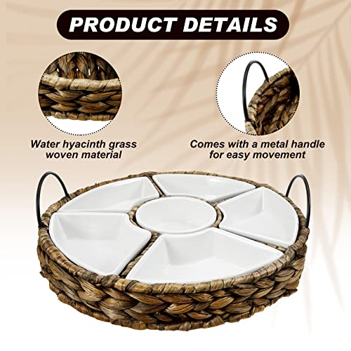 Nuanchu Ceramic Divided Serving Dishes Appetizer Serving Tray and Platters Set Snack Tray 6 Removable Snack Bowls with Basket for Relish Party Fruit Pizza Candy Nuts Condiment Veggies Chips Dips - Image 5