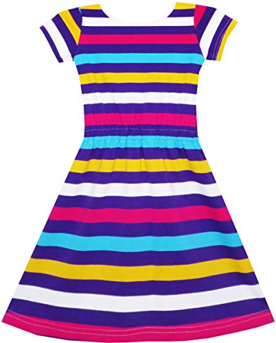 Image of Sunny Fashion Girls Dress Colorful Striped Knitted Cotton Stretch School